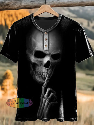Vintage Punk Skull Shut Up Abstract Print Casual Button Henry Neck T-Shirt Black / S