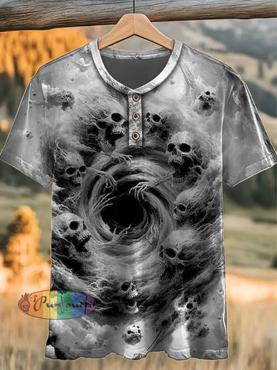 Vintage Punk Skull Swirl Black Hole Abstract Print Casual Button Henry Neck T-Shirt Gray / S