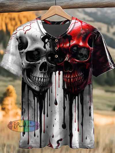 Vintage Punk Two Tone Skulls Abstract Print Casual Button Henry Neck T-Shirt Gray / S