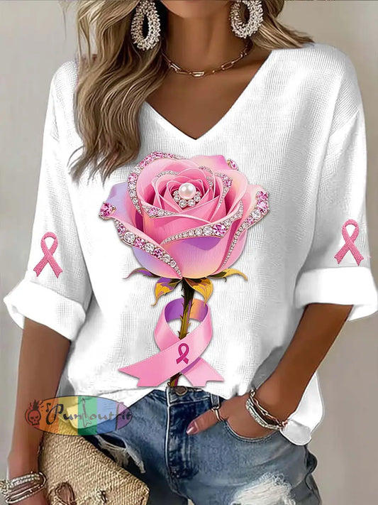 Vintage Rose Pearl Breast Cancer Print Casual Cotton Long Sleeve T Shirt White / S