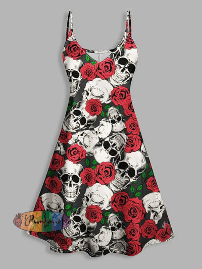 Vintage Skull And Rose Print V Neck High Waist Sleeveless Mini Dress Red / S