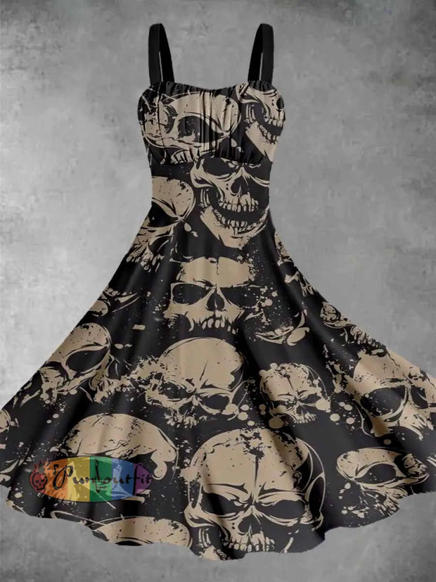 Vintage Skull Halloween Print Sleeveless Midi Dress Black / S