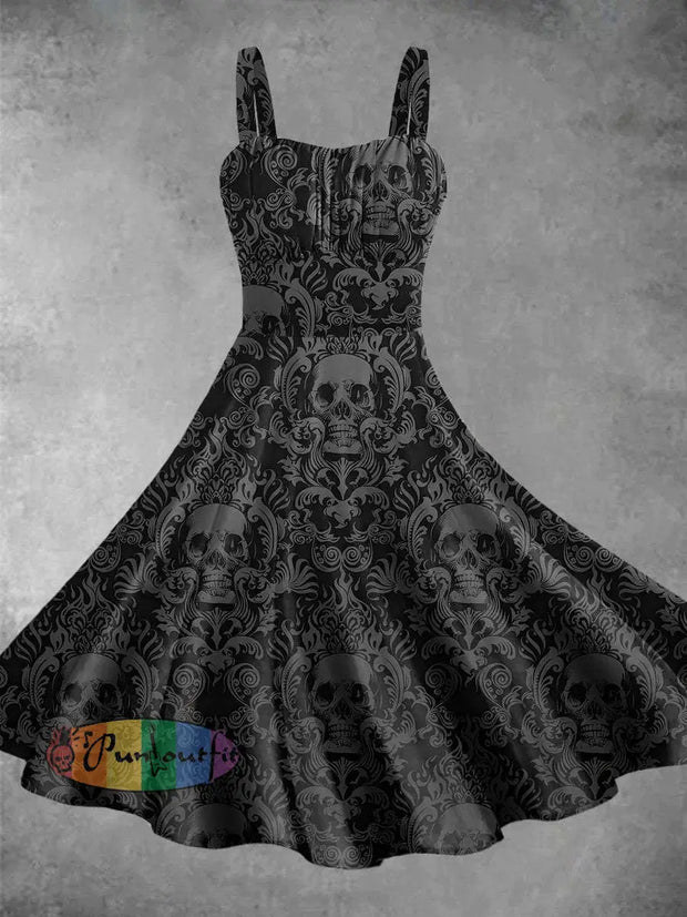 Vintage Skull Print Backless Dress Picture Color / S Dress