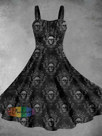 Vintage Skull Print Sleeveless Casual Daily Dress Black / S