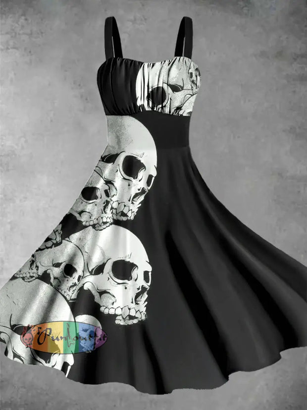 Vintage Skulls Art Print Sleeveless Midi Dress Black / S