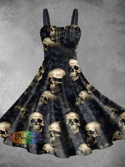 Vintage Skulls Halloween Print Backless Dress Dress / S