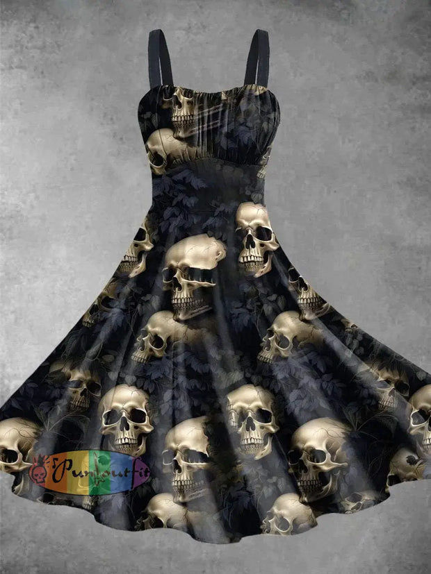 Vintage Skulls Halloween Print Backless Dress Dress / S