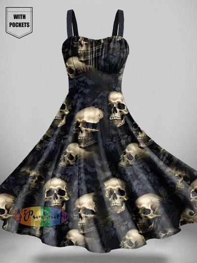 Vintage Skulls Halloween Print Backless Dress With Pockets Black / S