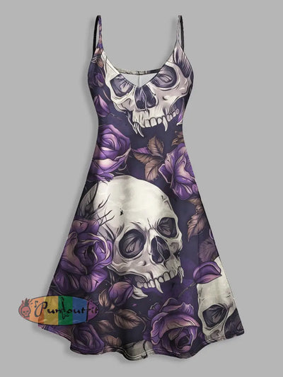 Vintage Skulls Violet Print V Neck High Waist Sleeveless Mini Dress Purple / S