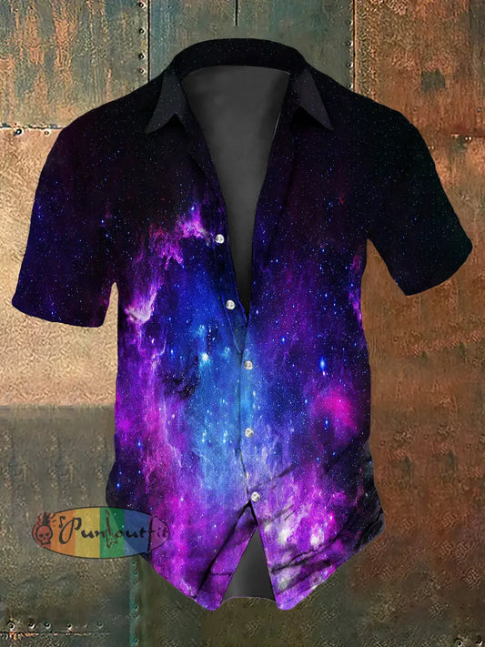 Vintage Stage Gothic Color Gradient Flame Abstract Print Casual Cotton Short Sleeve Shirt Purple / S