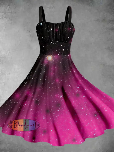 Vintage Starry Sky Gradient Halloween Print Midi Dress Colorful / S