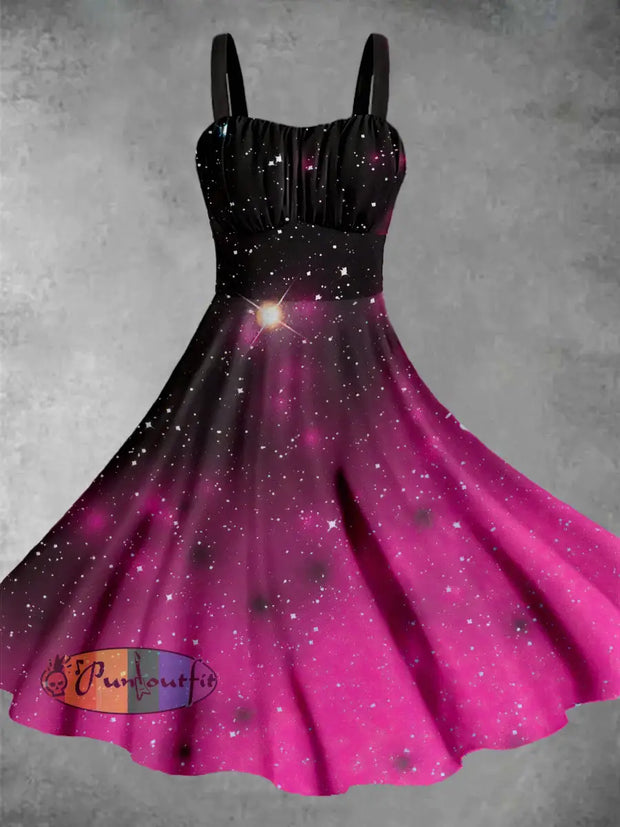 Vintage Starry Sky Gradient Halloween Print Midi Dress Colorful / S
