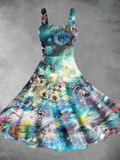 Vintage Stars Print Backless Dress Colorful / S Dress