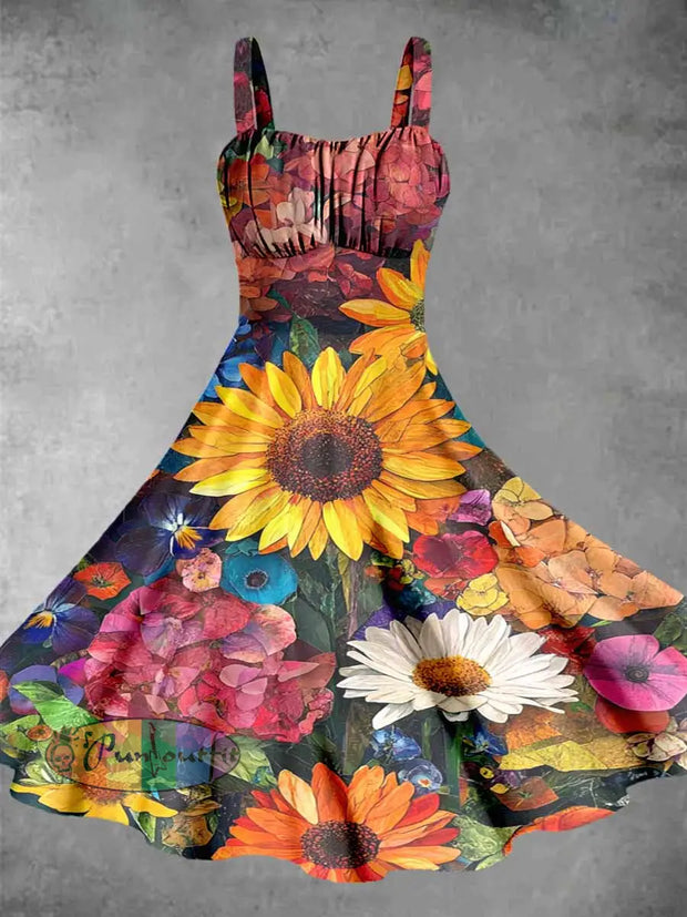 Vintage Sunflower Print Sleeveless Dress Colorful / S