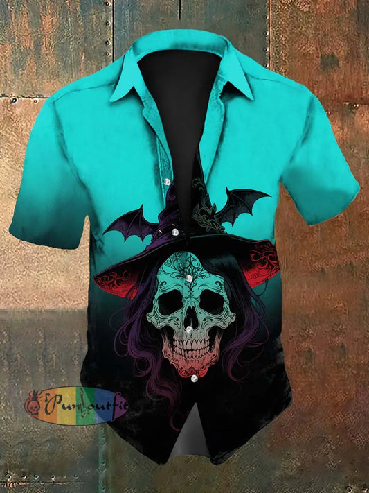 Vintage Witch Halloween Skull Bat Gradient Abstract Print Casual Cotton Short Sleeve Shirt Lake Blue / S