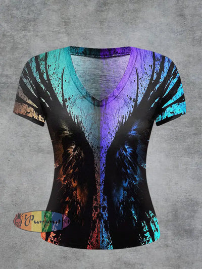 Wing Printed Vintage Fashion Loose V-Neck Short Sleeve T-Shirt Colorful / S