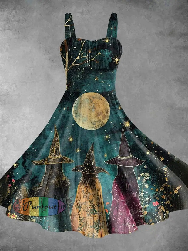 Witch And Flowers Under The Full Moon Art Print Backless Dress Colorful / S Dress