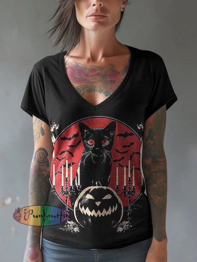 Women Halloween Black Cat Print V-Neck Short Sleeves T-Shirt / S