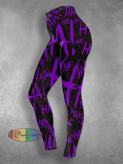 Women’s 3D Hahaha Print Halloween Casual Leggings Purple / S