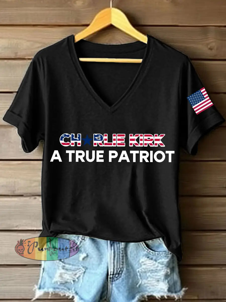 Women’s A True Patriot Print V-Neck T-Shirt Black / S