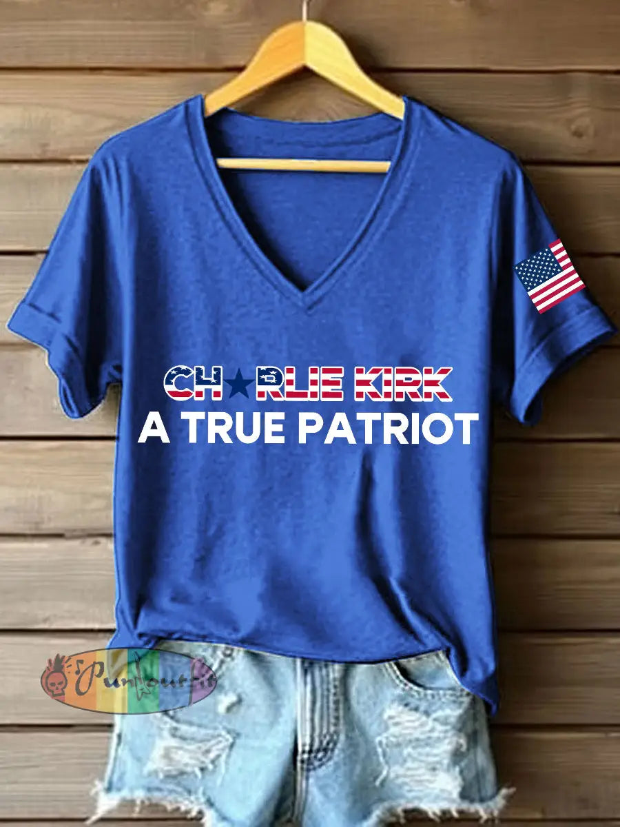 Women’s A True Patriot Print V-Neck T-Shirt Blue / S