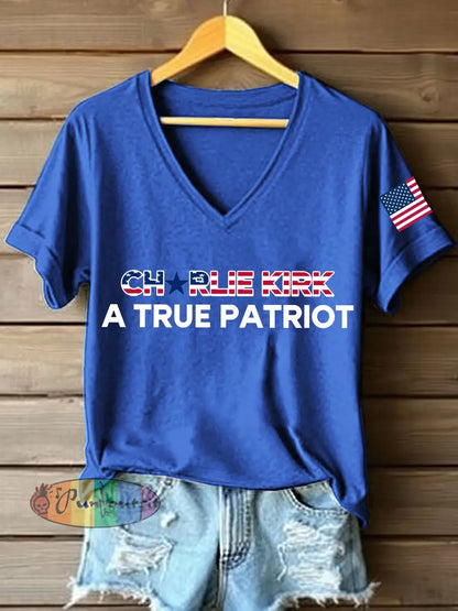 Women’s A True Patriot Print V-Neck T-Shirt Blue / S