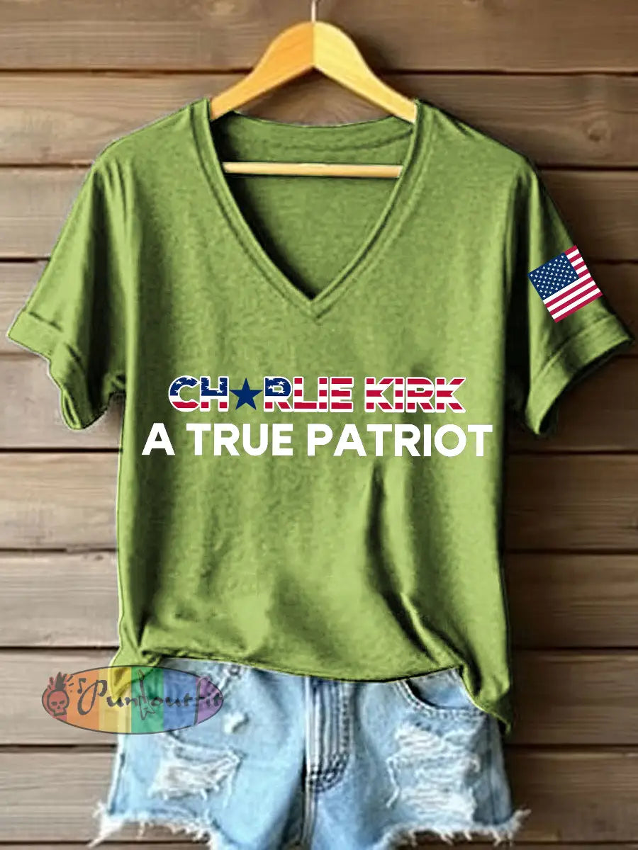 Women’s A True Patriot Print V-Neck T-Shirt Green / S