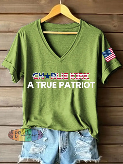Women’s A True Patriot Print V-Neck T-Shirt Green / S