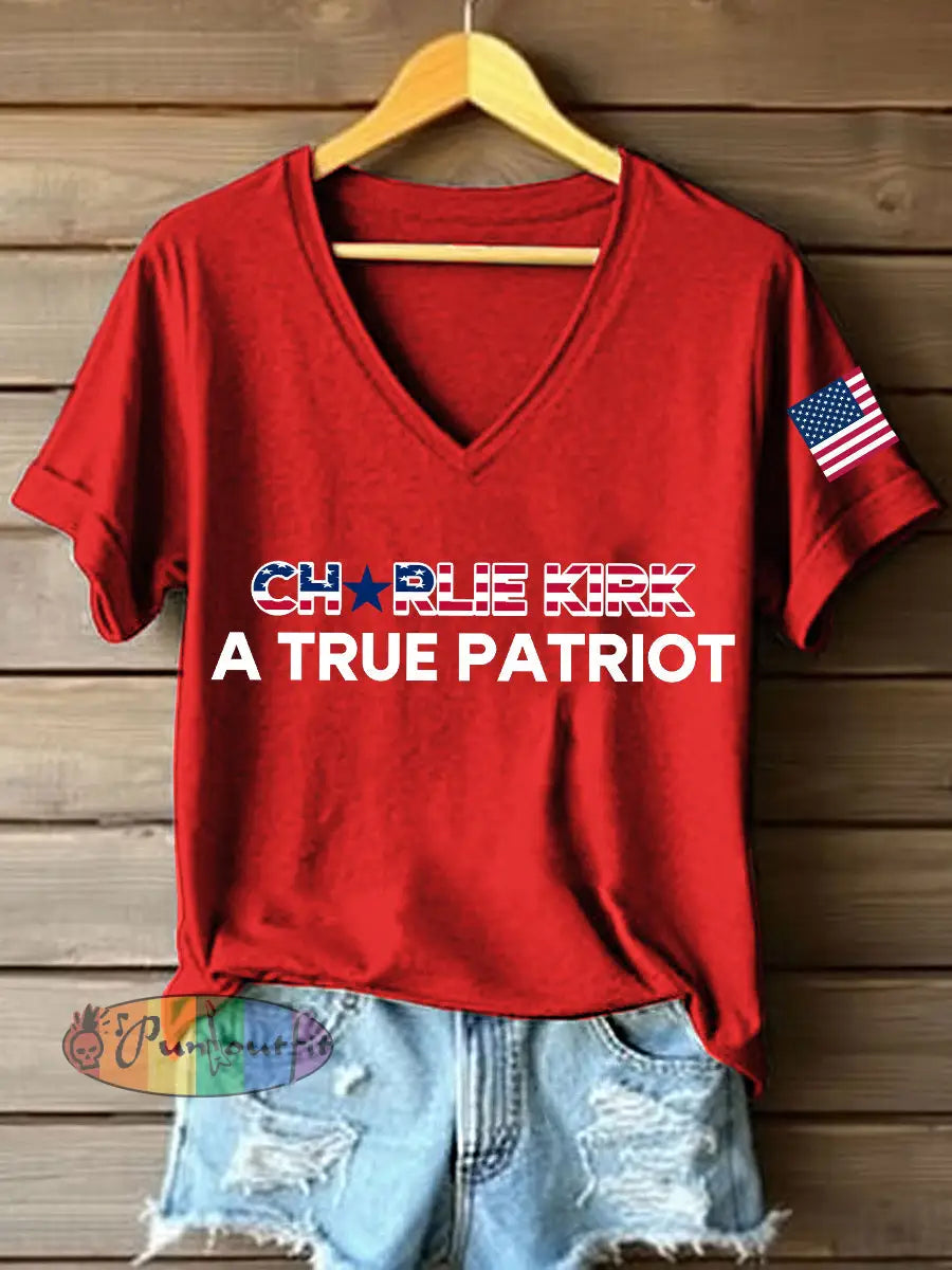 Women’s A True Patriot Print V-Neck T-Shirt Red / S