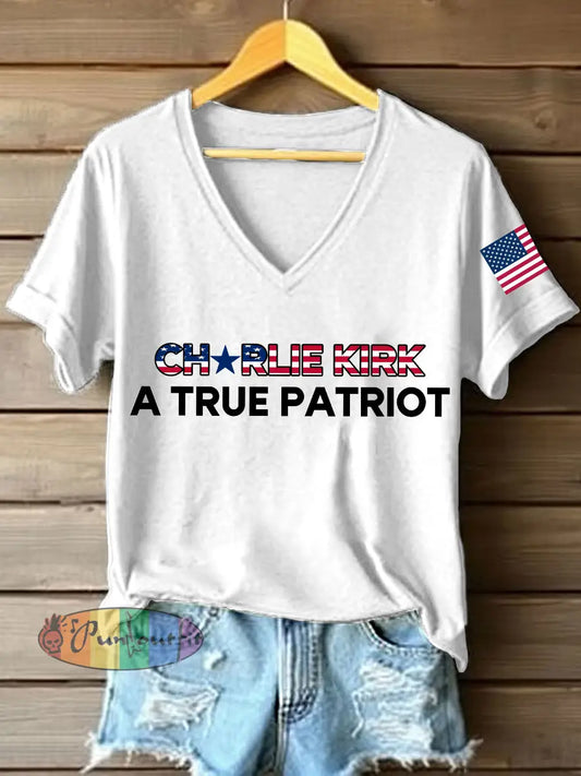 Women’s A True Patriot Print V-Neck T-Shirt White / S