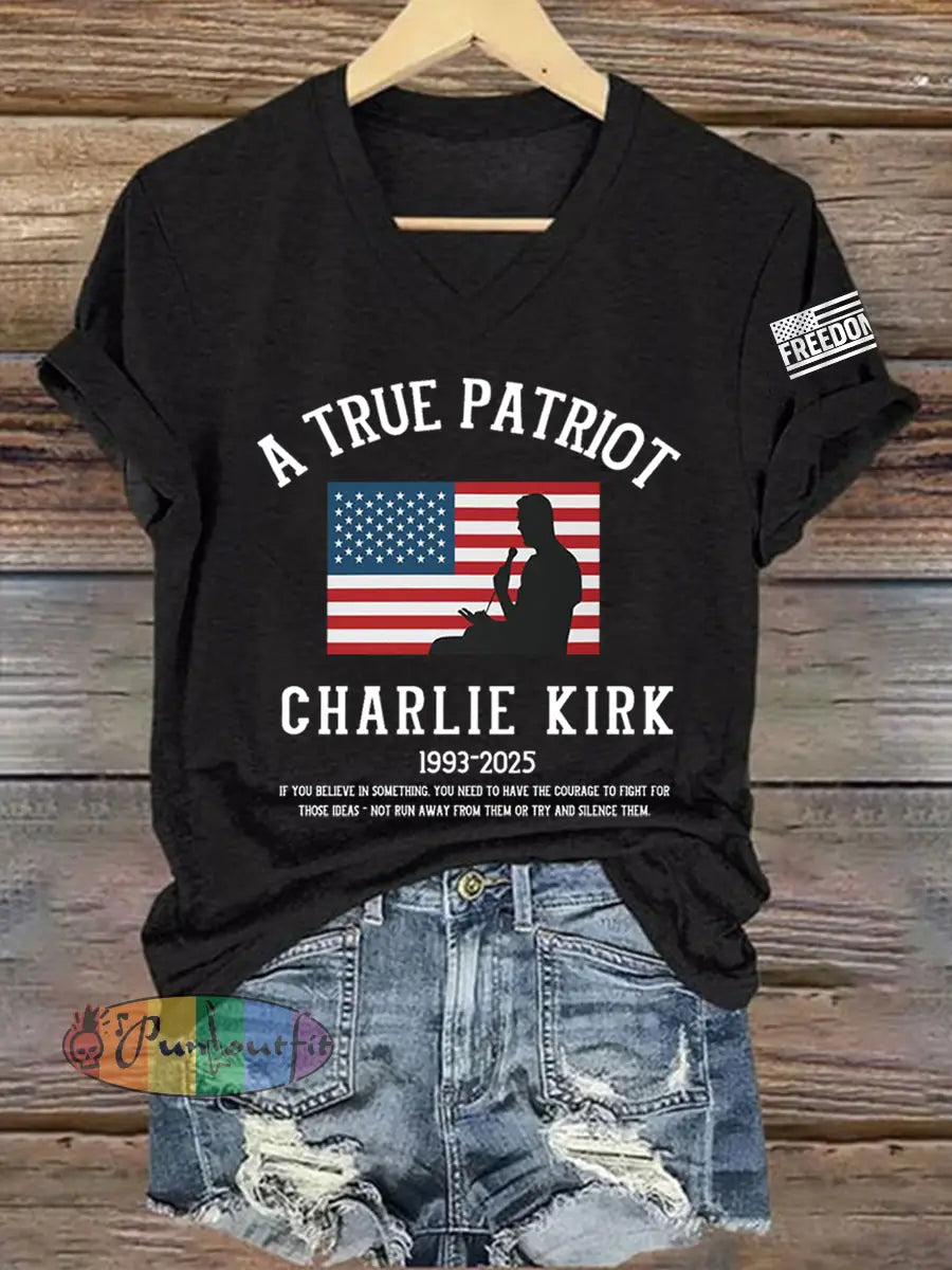 Women’s A True Patriot R.I.P Charlie Kirk V-Neck Tee Black / S
