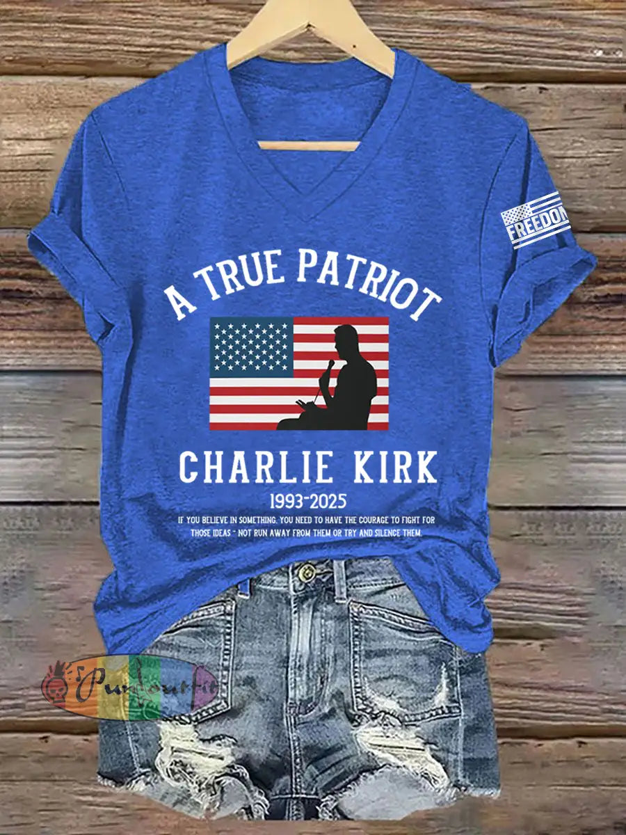 Women’s A True Patriot R.I.P Charlie Kirk V-Neck Tee Blue / S