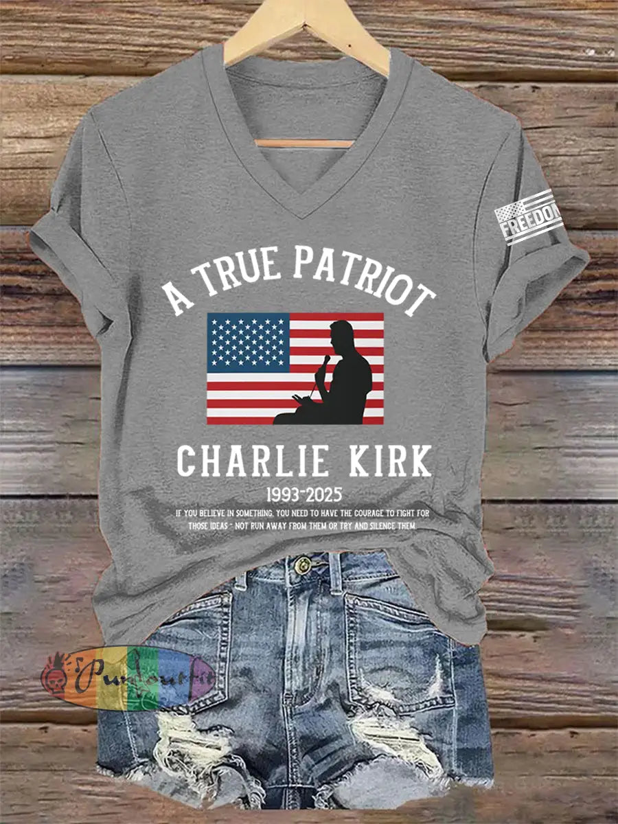 Women’s A True Patriot R.I.P Charlie Kirk V-Neck Tee Light Gray / S