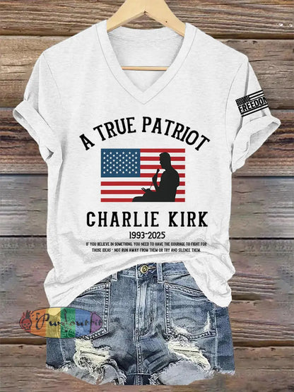 Women’s A True Patriot R.I.P Charlie Kirk V-Neck Tee White / S