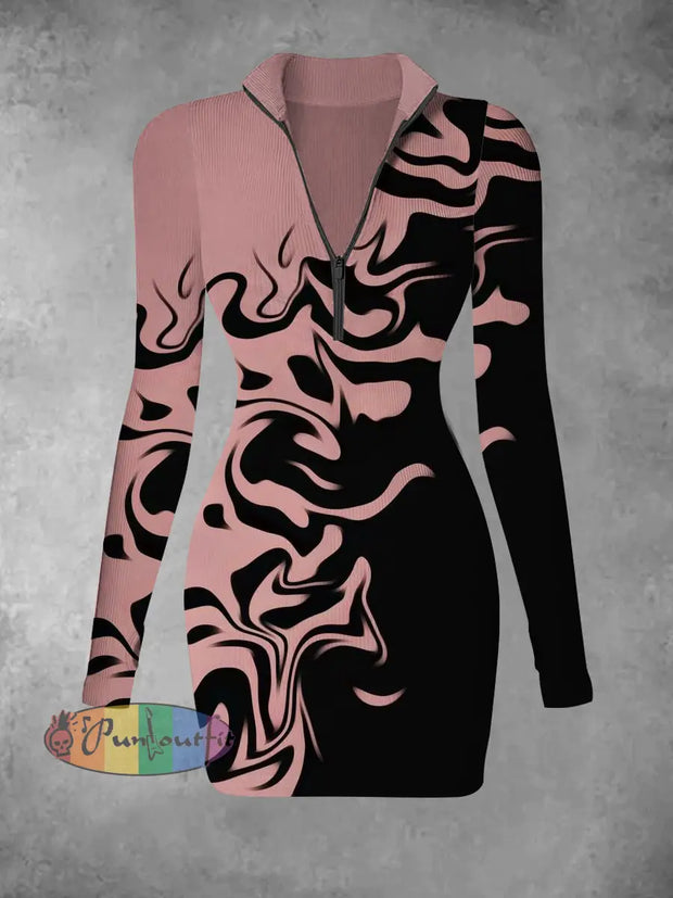 Women’s Abstract Art Retro Printed Slimming Fashion V-Neck Long Sleeve Dress Black-Pink / S