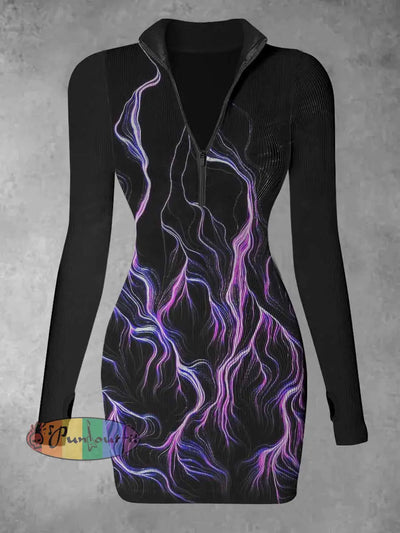 Women’s Abstract Light Print Halloween Casual Long Sleeve Mini Dress Black / S