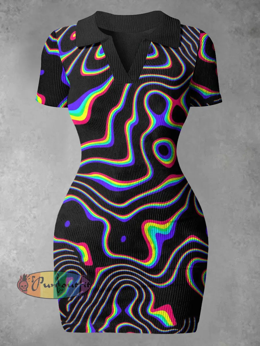 Women’s Abstract Lines Print Casual Mini Dress Colorful / S