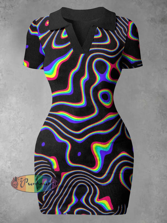 Women’s Abstract Lines Print Casual Mini Dress Colorful / S