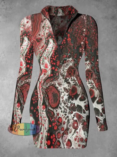 Women’s Abstract Print Casual Long Sleeve Mini Dress Red / S