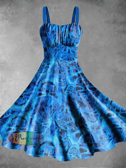 Women’s Abstract Psychedelic Skull Printed Sleeveless Camisole Dress Blue / S