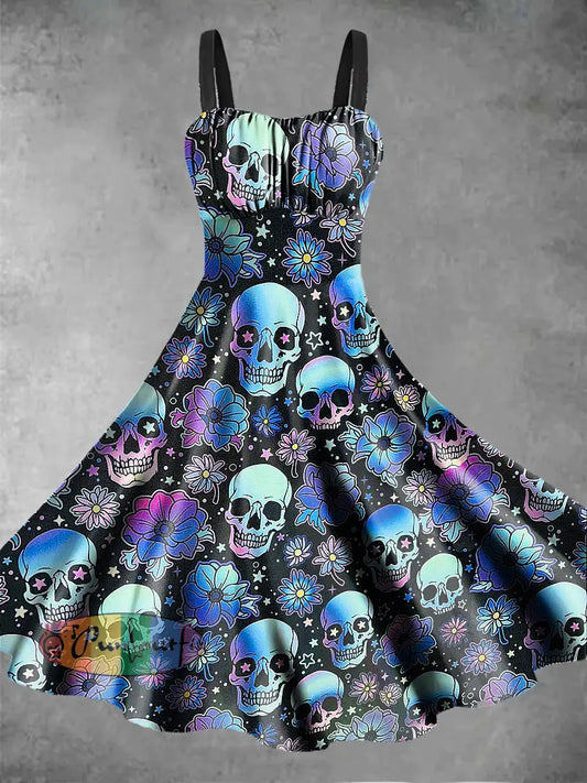 Women’s Abstract Psychedelic Skull Printed Sleeveless Camisole Dress Blue / S