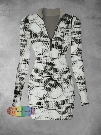 Women’s Abstract Skull Retro Pattern Printed Casual Fashion Long Sleeved V-Neck Slim Fit Dress