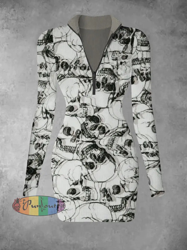 Women’s Abstract Skull Retro Pattern Printed Casual Fashion Long Sleeved V-Neck Slim Fit Dress