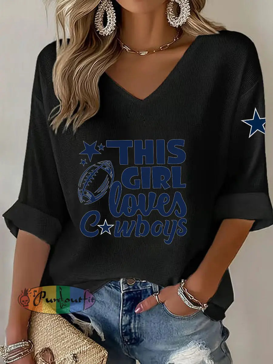Women’s American Football V neck long sleeved T shirt Black / S