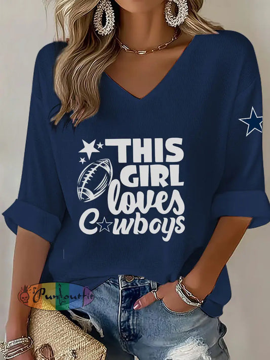 Women’s American Football V neck long sleeved T shirt Navy Blue / S