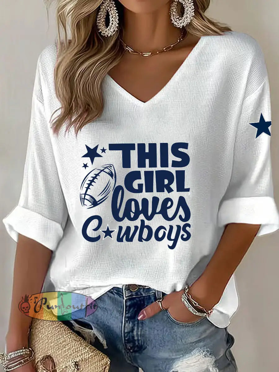 Women’s American Football V neck long sleeved T shirt White / S