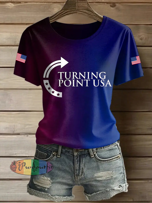 Women’s American Turning Point Printed Vintage Fashion Loose Short Sleeve T-Shirt Navy Blue / S
