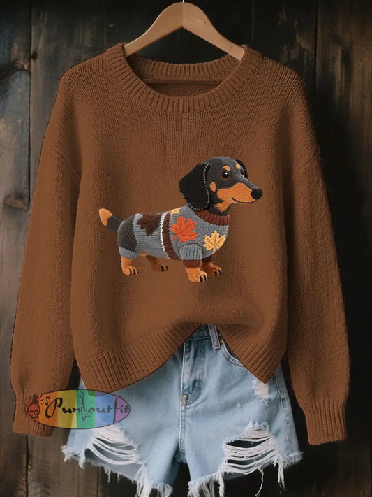 Women’s Autumn Dog Art Print O Neck Long Sleeve Sweatshirt Brown / S