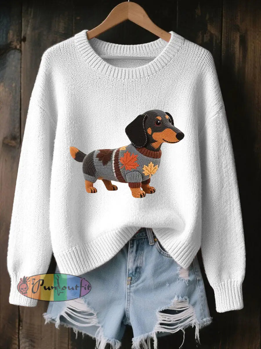 Women’s Autumn Dog Art Print O Neck Long Sleeve Sweatshirt White / S