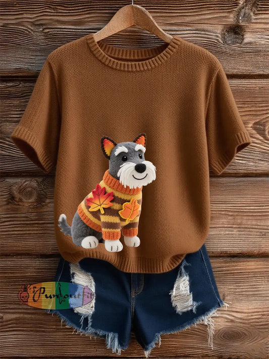 Women’s Autumn Dog Art Print O Neck Short Sleeve T shirt Brown / S